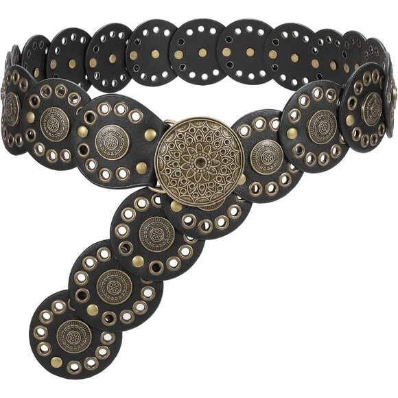Women Vintage Disc Waist Concho Leather Belt Boho Waist Belt Black Bronze Buckle - Picture 1 of 7